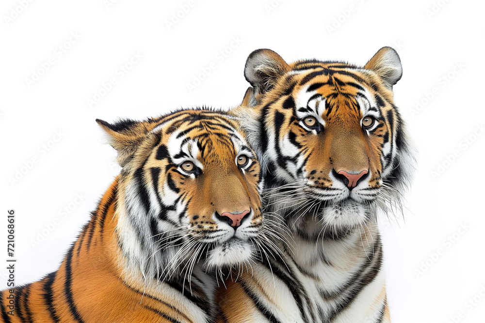 Tiger and tigress close-up portrait  isolated on white background - obrazy, fototapety, plakaty 