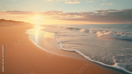 Tranquil beach sunrise, soft waves, and golden sands for serene backgrounds or travel themes.