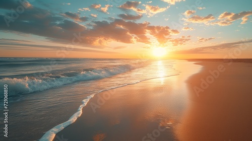 Golden beach sunset, serene waves and sky, perfect for travel and nature themes.