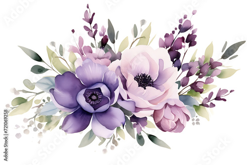 Watercolor Floral Illustration: Purple Flowers and Eucalyptus Greenery Bouquet Frame