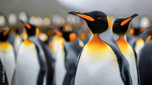 King Penguin Standing Out in the Crowd.A single king penguin stands prominently among a blurred gathering of its colony  showcasing its vivid orange and yellow plumage.