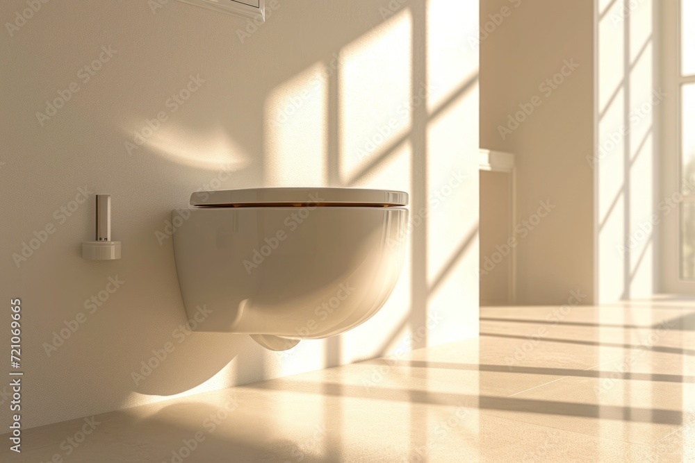 Modern bright toilet bowl in the rays of the sun from the window