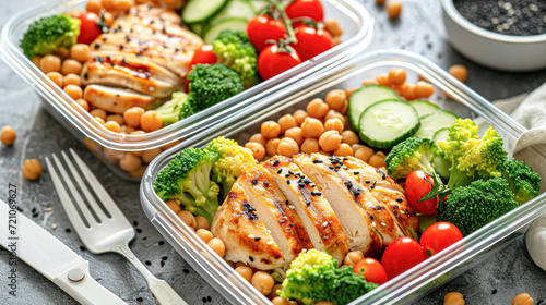 Healthy Chicken Meal Prep Containers.Two glass containers with grilled chicken, fresh vegetables, and chickpeas, prepared for a healthy meal.
