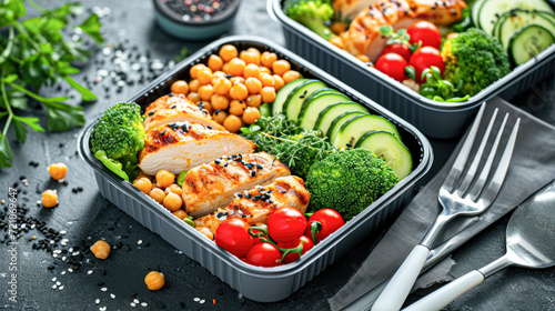 Healthy Chicken Meal Prep Containers.Two glass containers with grilled chicken, fresh vegetables, and chickpeas, prepared for a healthy meal. © Kowit
