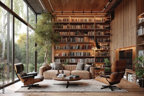 Stylish Modern Home Library with Large Windows