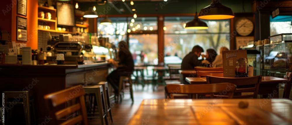 Cozy cafe interior with warm ambiance, patrons dining, ideal for advertising and editorial use. Cozy cafe interior with warm ambiance, patrons dining, ideal for advertising and editorial use.