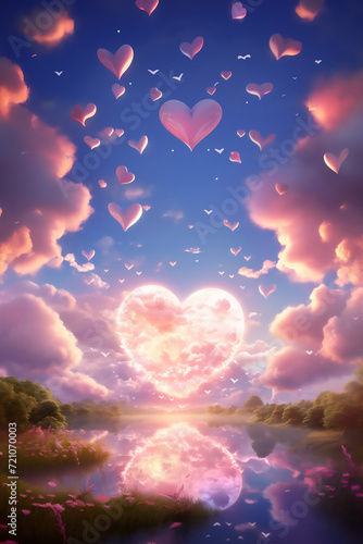 A romantic scene unfolds with a shimmering, heart-shaped moon and clouds blooming above a nostalgic fairytale lake, creating an ambiance of love