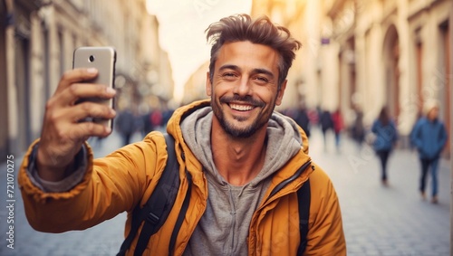 a smiling happy man with a phone takes a selfie against the backdrop of the old city 