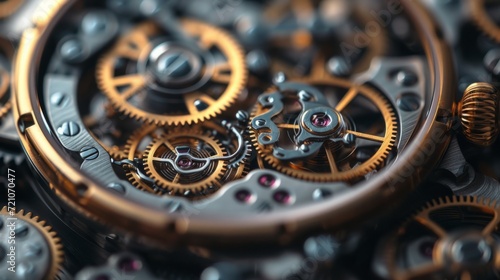 Intricate watch mechanism close-up. Perfect for concepts of time, precision, and technology.