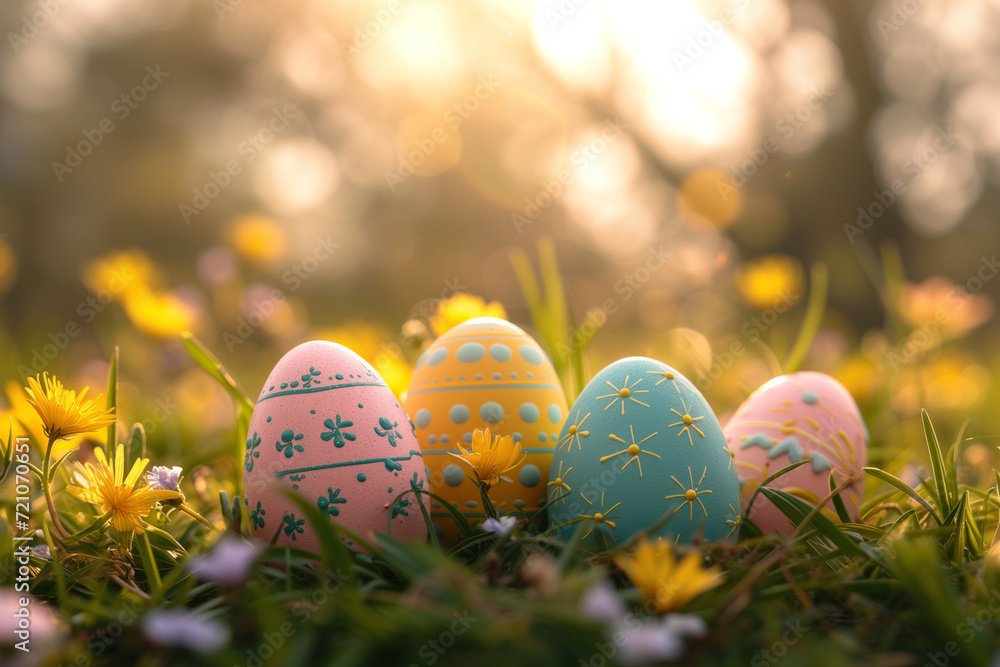 Easter background with easter eggs in the green grass with flowers and soft sunlight Easter background with easter eggs in the green grass with flowers and soft sunlight
