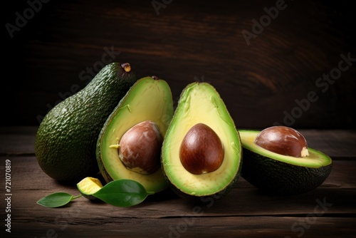 Minimal Style Avocados on Rustic Wooden Background AI Generated