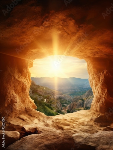 empty tomb with cross on mountain with amazing sunrise. Creative idea Easter. Religion and Christianity. Open empty cave with sunset view. Free copy space - generative ai