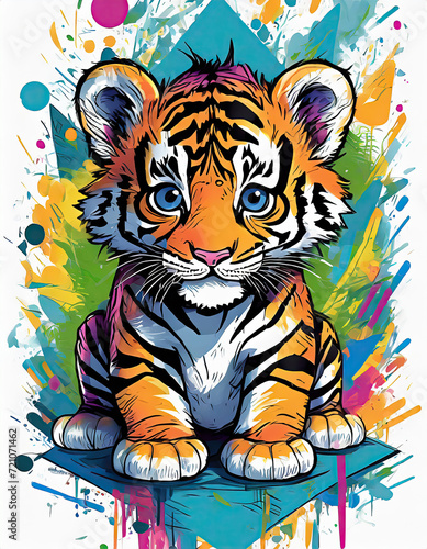 A graphic illustration of a colourful tiger cub on a white background
