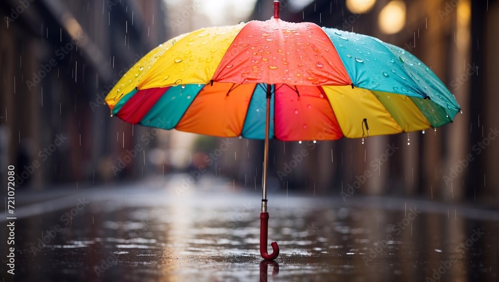 rainbow-colored umbrella against the background of the street during spring rain
