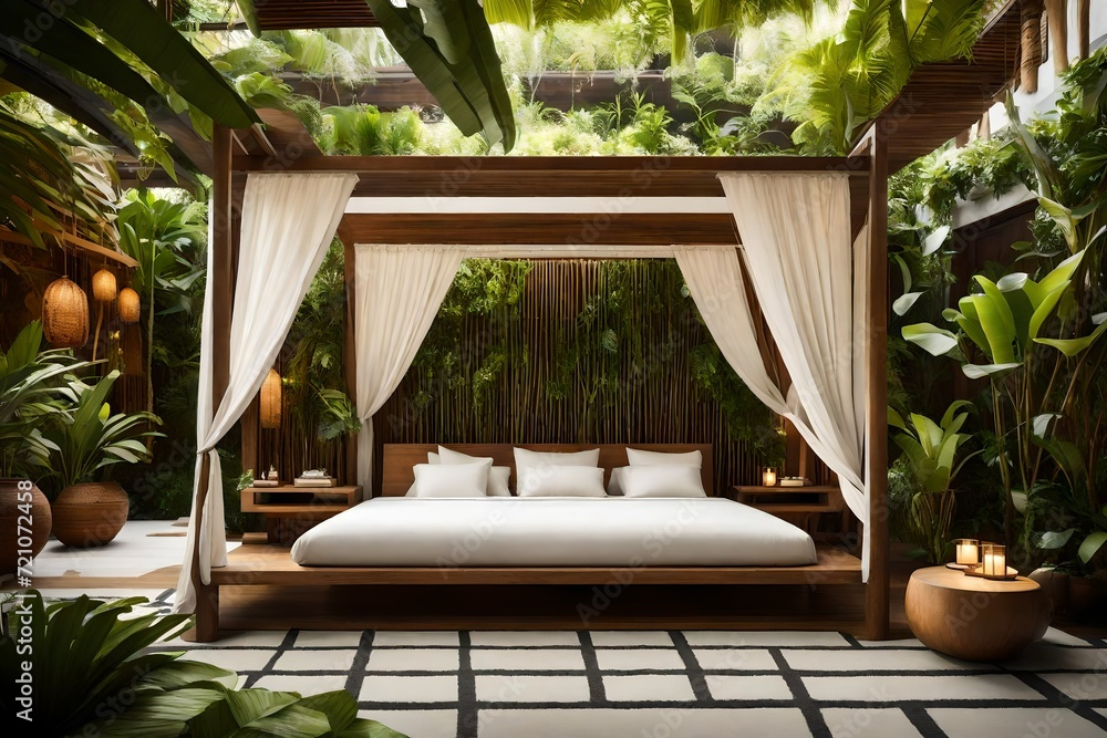 Φωτογραφία A contemporary Balinese-inspired outdoor lounge, featuring a canopy bed with flowing curtains, wooden sculptures, and lush tropical greenery
