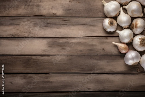 Minimal Style Garlics on Rustic Wooden Background AI Generated