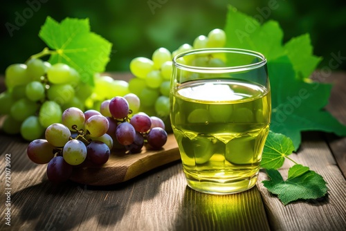 Minimal Style Grape Juice in Glass and Grape Leaves AI Generated