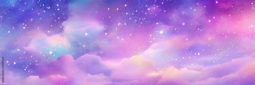 Lila Einhorn-Hintergrund. Pastellfarbener Aquarellhimmel mit Glitzersternen und Bokeh. Fantasy-Galaxie mit holografischer Textur. Magischer Marmorraum. - obrazy, fototapety, plakaty 