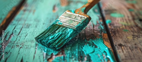 A detailed view of a wide decorator's brush, covered in green paint, applying it to wood.