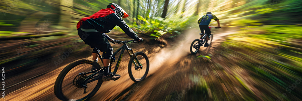 Fototapeta premium high speed mountain bikers racing through the forest