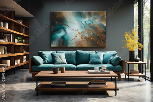 Picture the tranquility of a living space adorned with brown and teal sofas and a wooden table. 