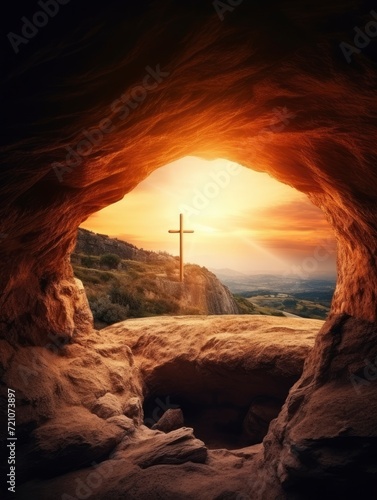 Obraz na płótnie empty tomb with cross on mountain with amazing sunrise