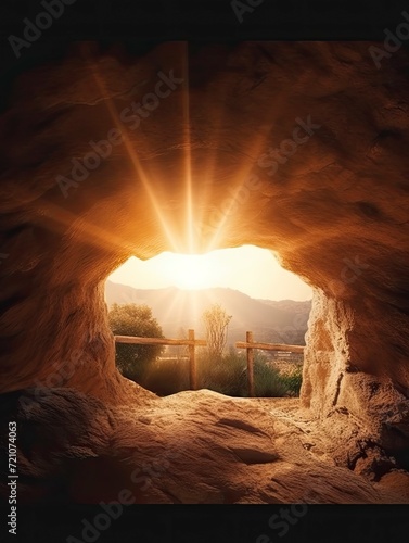 empty tomb with cross on mountain with amazing sunrise. Creative idea Easter. Religion and Christianity. Open empty cave with sunset view. Free copy space - generative ai