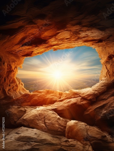 empty tomb with cross on mountain with amazing sunrise. Creative idea Easter. Religion and Christianity. Open empty cave with sunset view. Free copy space - generative ai