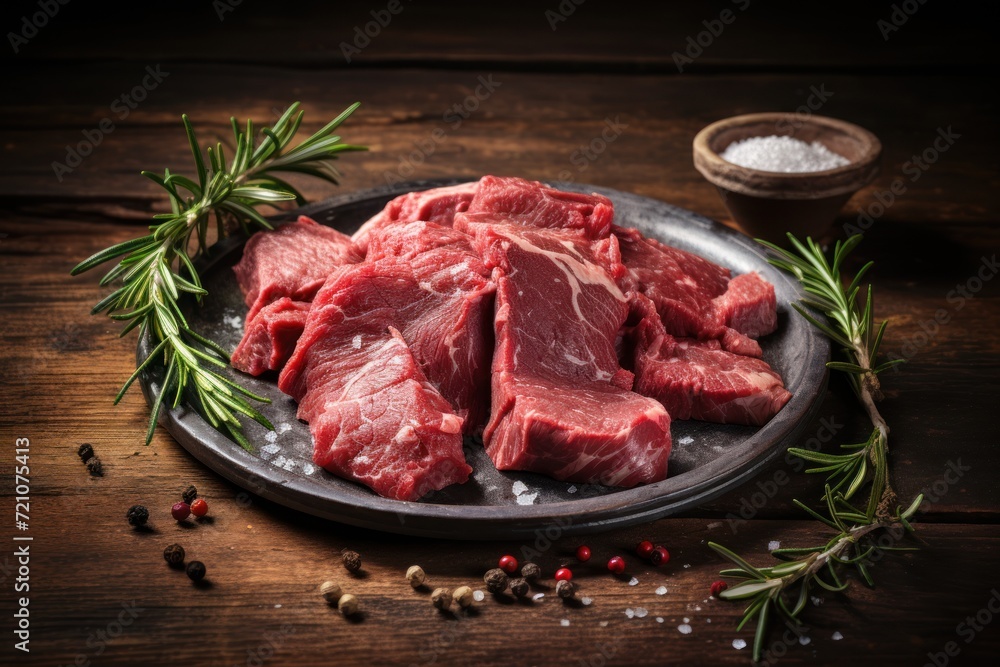 Minimal Style Raw Beef on Rustic Wooden Background AI Generated