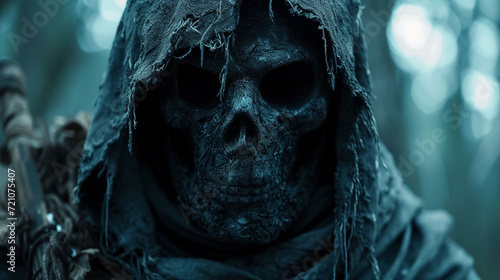 a skull man in old horror clothes, halloween season. photo