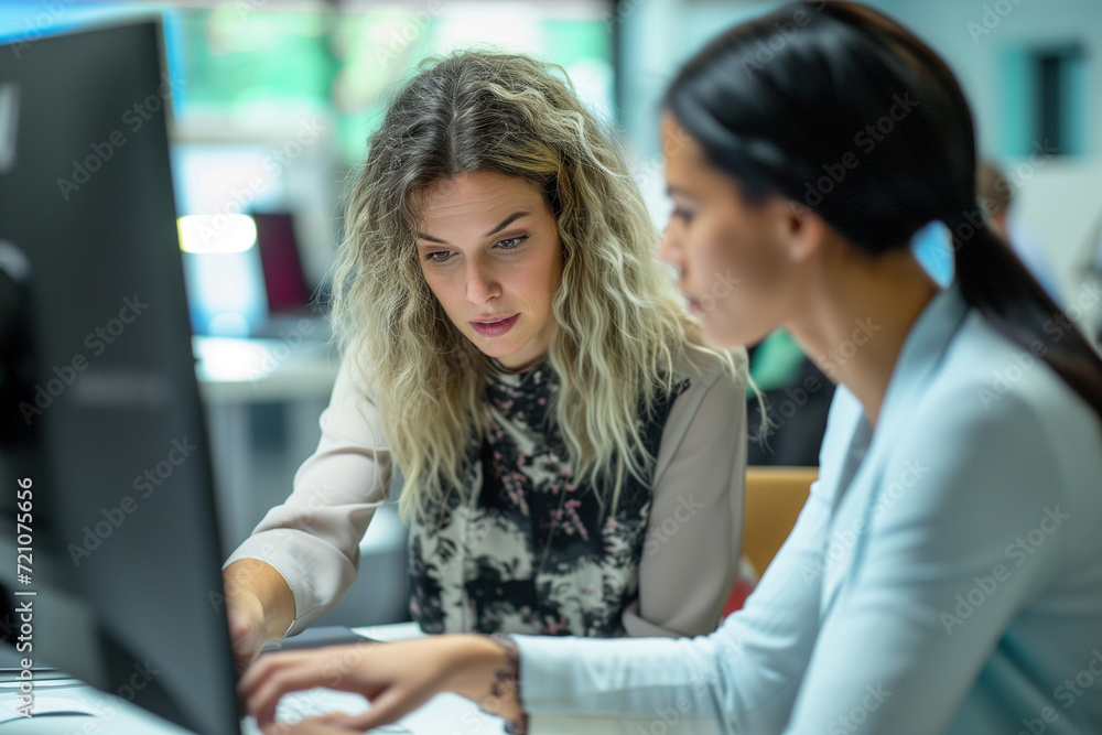 Focused female colleagues working together on a project using a computer in a vibrant office space. Focused female colleagues working together on a project using a computer in a vibrant office space.