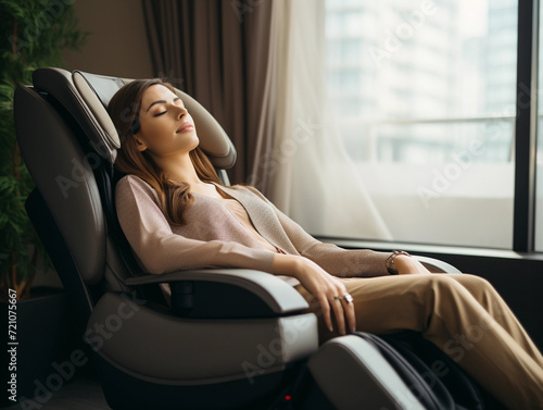 A businesswoman is relaxing on her massage chair in the living room while napping. electric massage chair. 