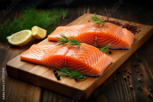 Minimal Style Salmon Fillets on Rustic Wood AI Generated