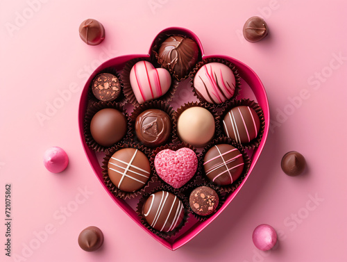 Heart shaped box of assorted chocolates on pink background, top view