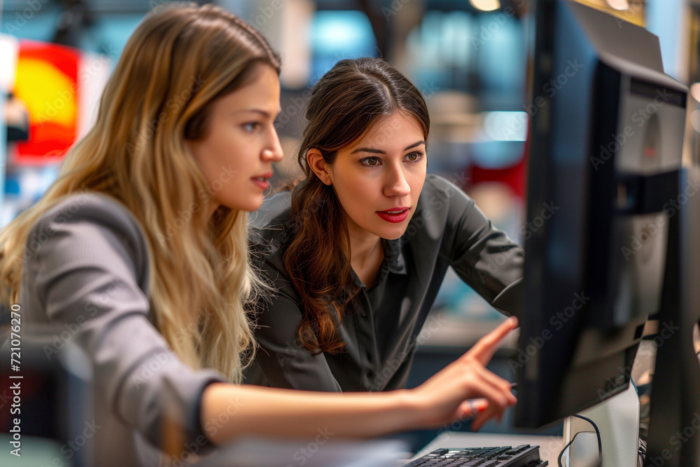 Focused female colleagues working together on a project using a computer in a vibrant office space. Focused female colleagues working together on a project using a computer in a vibrant office space.