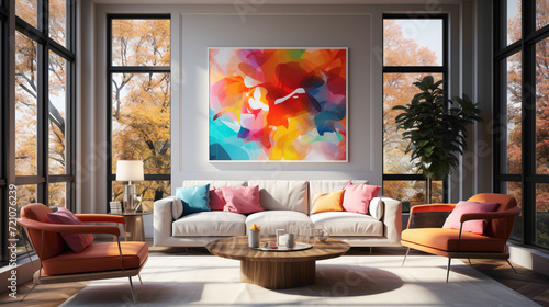 A modern living room in vibrant hues, enhanced by a blank empty white frame on the wall, providing a perfect spot for personalized artwork or memories.