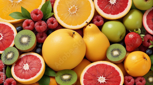 Background with various fresh fruits on a wooden table. There are apples  strawberries  grapes  pomegranates  bananas  peers  berries  kiwi  oranges and pineapples all looking fresh