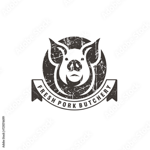 pork head farm butcher shop vintage badge grunge logo vector illustration