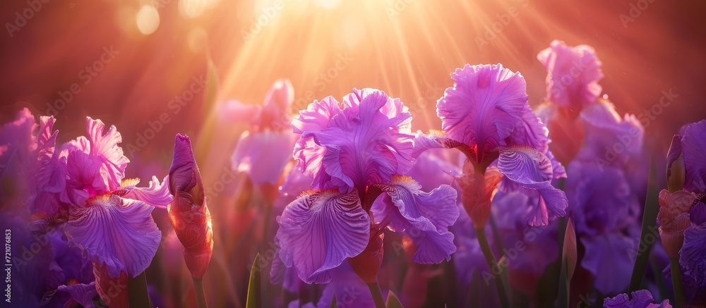 Stunning Purple Bearded Iris Blooms Bathed in Sunlight: A Captivating Vision of Purple, Bearded, Iris Blooms Illuminated by the Warmth of Sunlight
