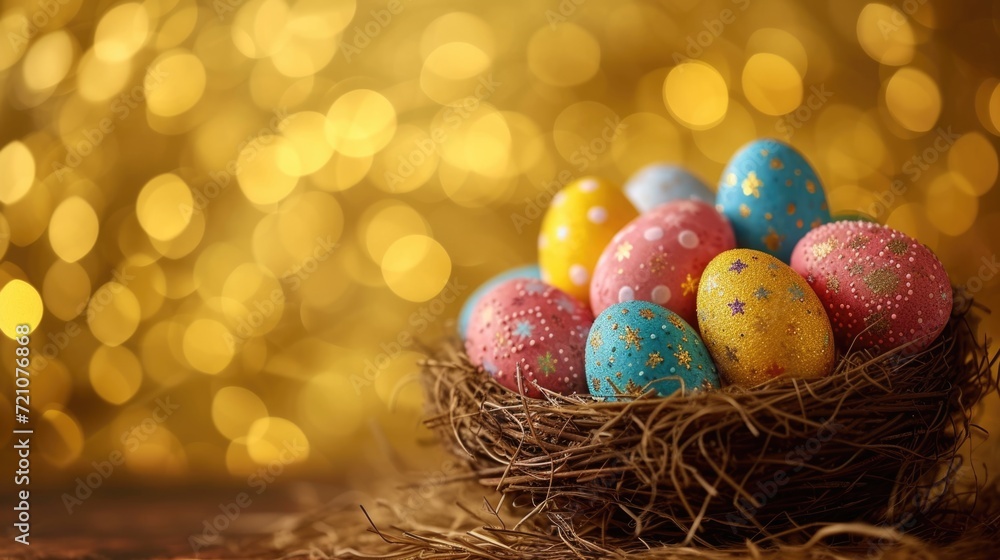 colorful Easter eggs in a wooden basket with green natural background with morning sunrays. colorful Easter eggs in a wooden basket with green natural background with morning sunrays.