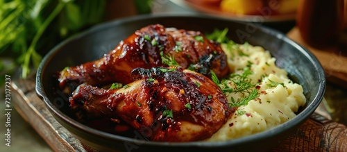 Grilled  spicy chicken leg with Korean chili paste  soy sauce  and honey  served with mashed potatoes as a side dish in a garden restaurant for lunch on a cold winter day.