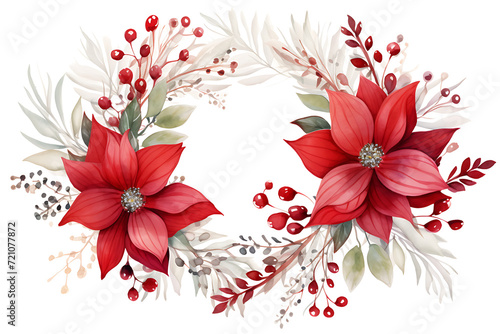 Christmas Floral Wreath PNG with Hand-Painted Watercolor Poinsettia and Pine Branches