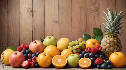 Background with various fresh fruits on a wooden table. There are apples  strawberries  grapes  pomegranates  bananas  peers  berries  kiwi  oranges and pineapples all looking fresh