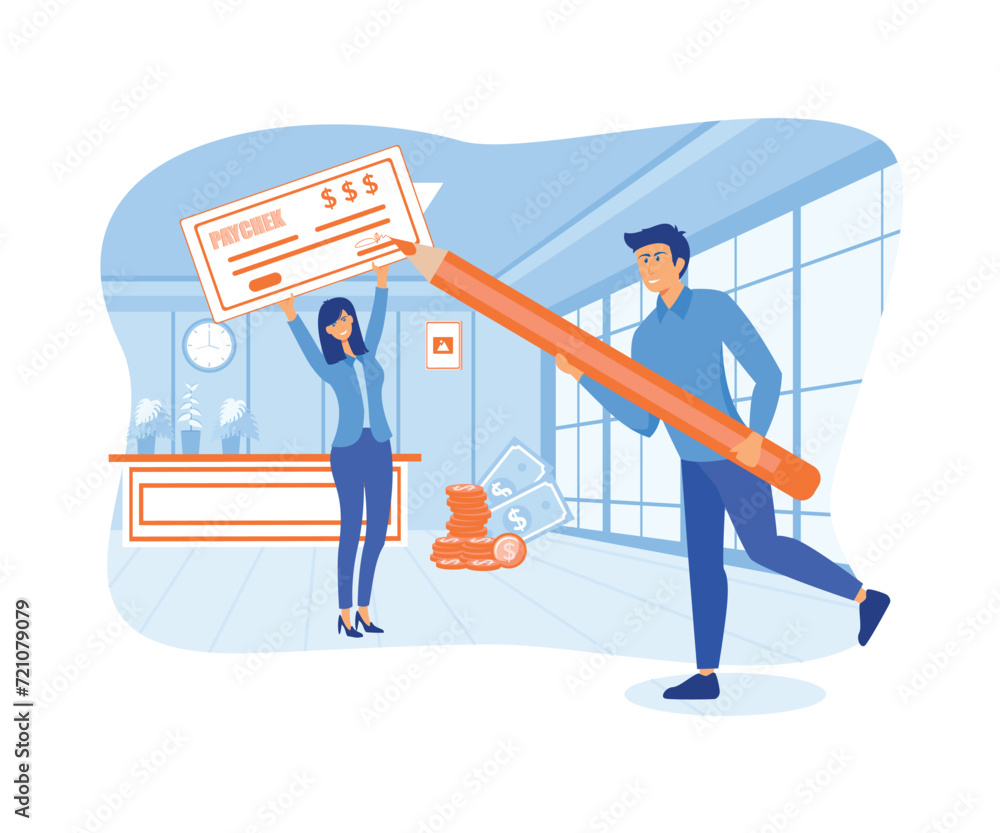 Girl Brings Big Salary, Man with Ink Pen for Signing. Prize Money, Lottery, People Getting Cash Payout by Check. flat vector modern illustration Girl Brings Big Salary, Man with Ink Pen for Signing. Prize Money, Lottery, People Getting Cash Payout by Check. flat vector modern illustration