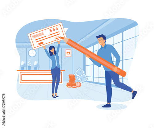 Girl Brings Big Salary, Man with Ink Pen for Signing. Prize Money, Lottery, People Getting Cash Payout by Check. flat vector modern illustration 