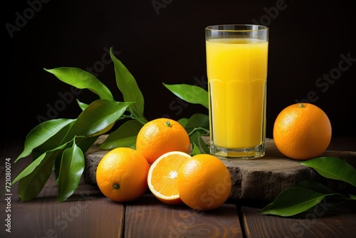 Refreshing Orange Juice in Glass with Fresh Oranges on Rustic Background AI Generated
