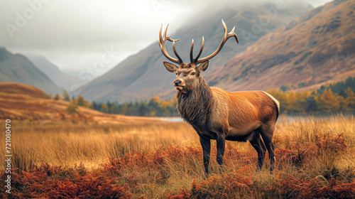 An imposing stag stands proudly in a stunning autumnal highland landscape, its impressive antlers set against a backdrop of colorful foliage and misty mountains. © Kowit