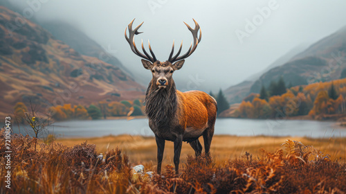 An imposing stag stands proudly in a stunning autumnal highland landscape  its impressive antlers set against a backdrop of colorful foliage and misty mountains.