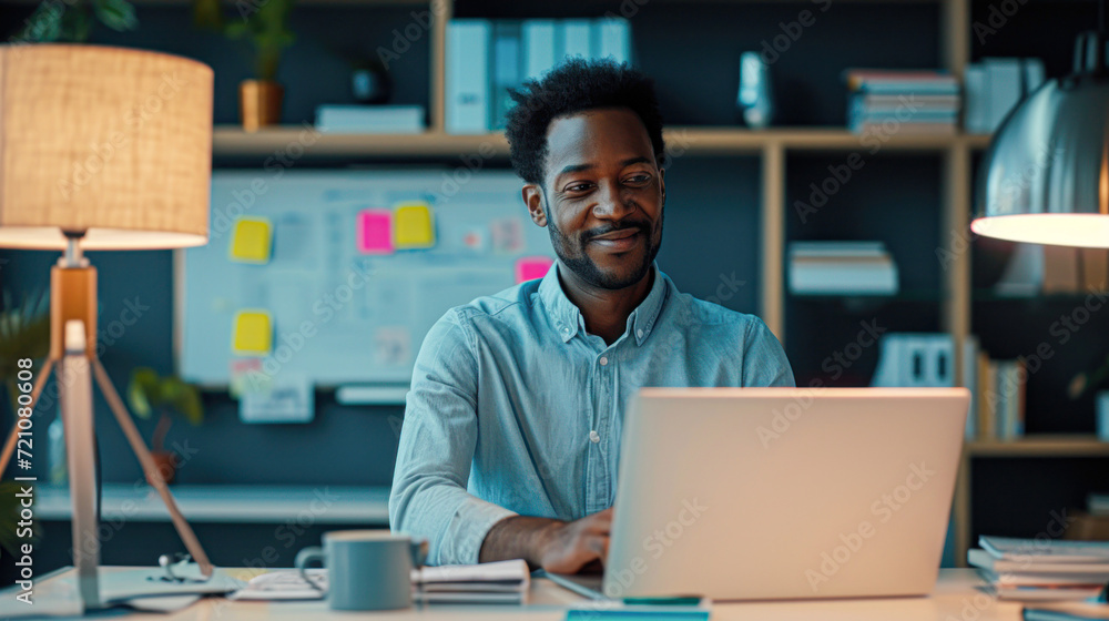 Joyful male entrepreneur working on laptop in a vibrant office space with sticky notes on the wall.