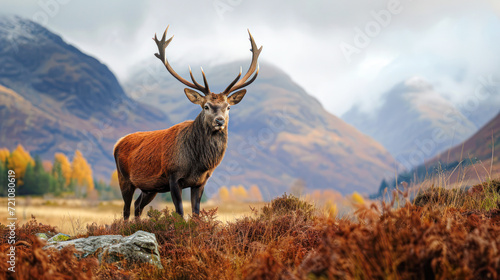An imposing stag stands proudly in a stunning autumnal highland landscape, its impressive antlers set against a backdrop of colorful foliage and misty mountains. © Kowit